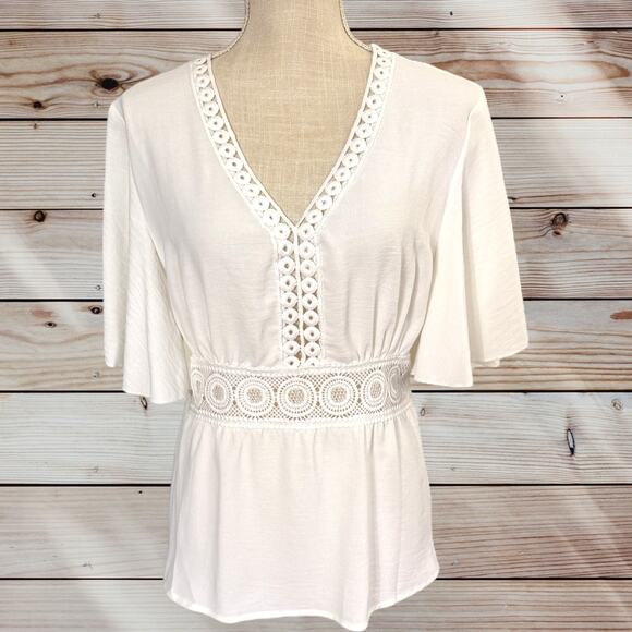 Women's Shein Sz Lg (fits Medium) White Empire Waist Flutter Sleeve Top - Picture 1 of 5